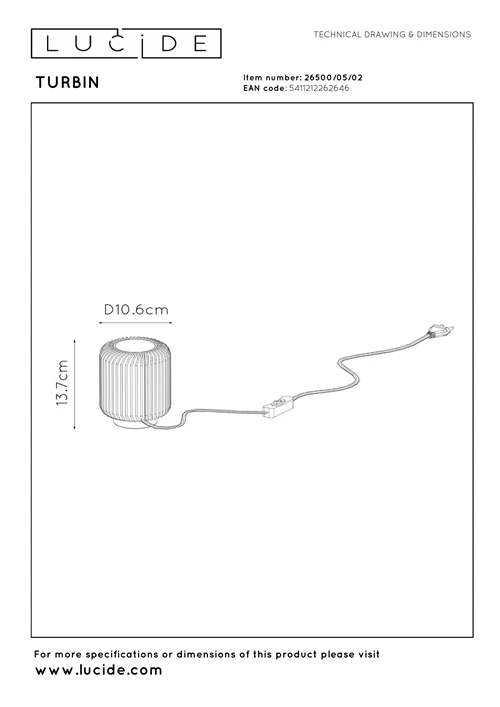 Lucide TURBIN - Lampe de table - Ø 10,6 cm - LED - 1x5W 3000K - Or Mat / Laiton - technique